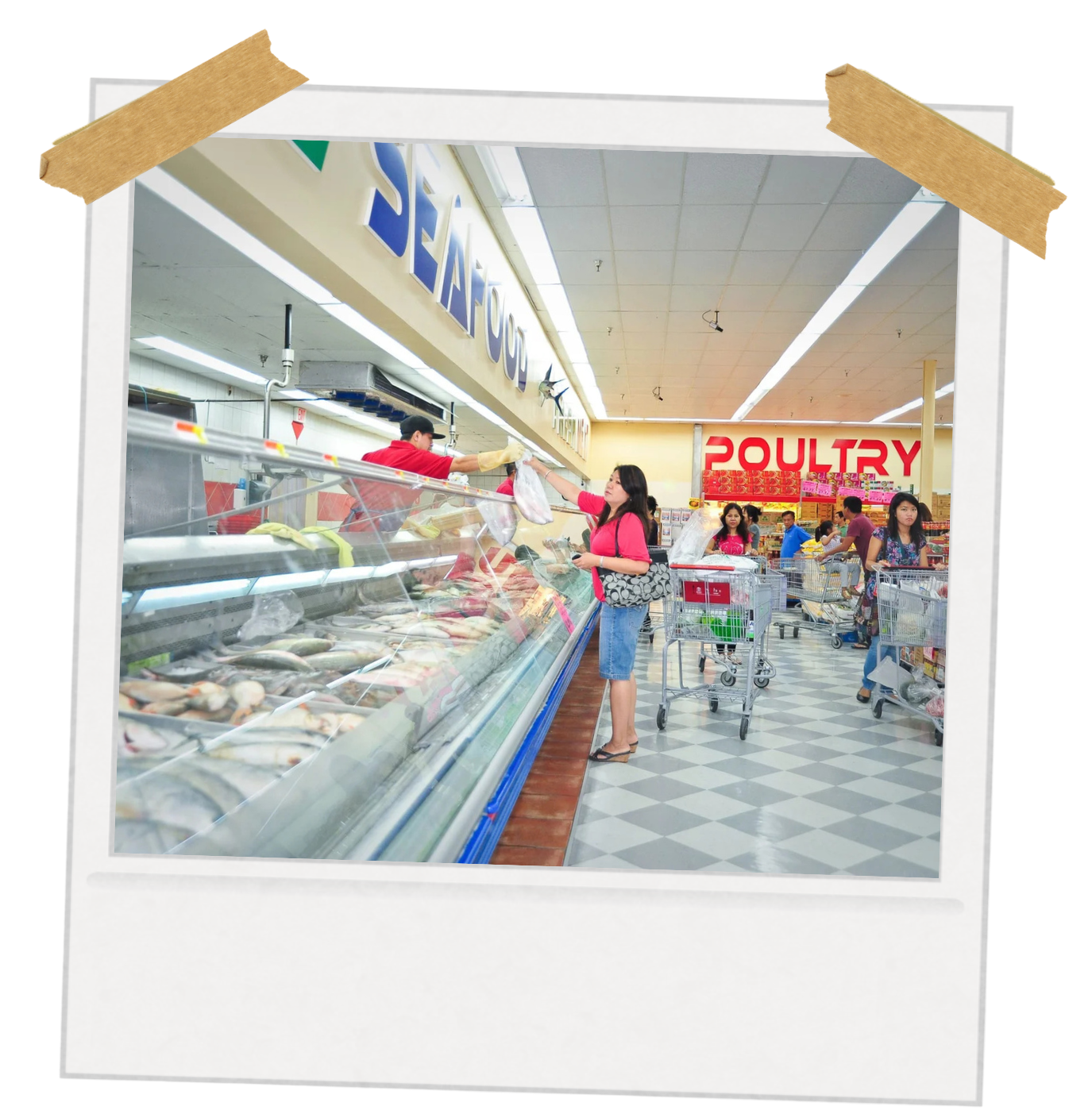 Customers shopping at the seafood counter inside Quê Hương Asian Market