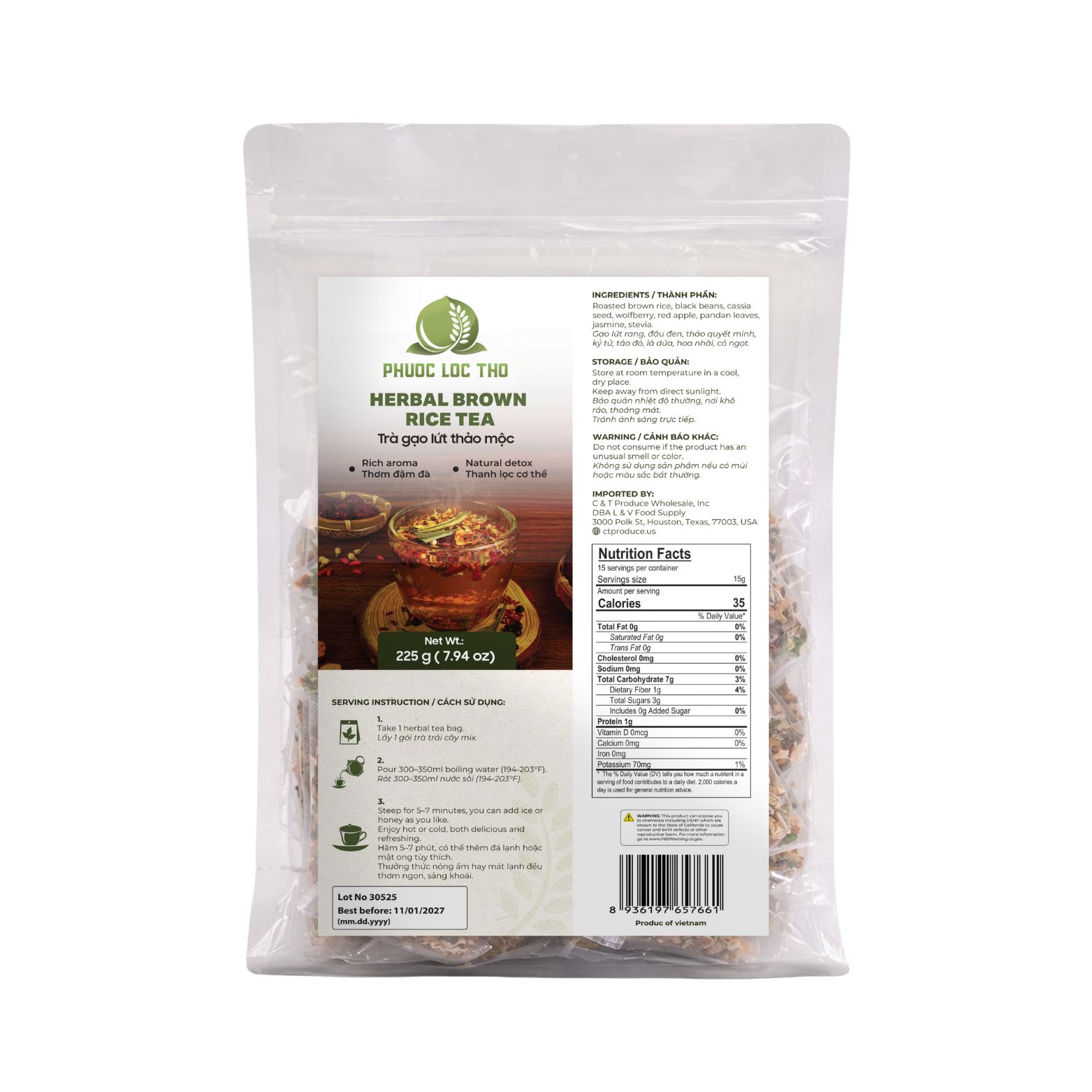 PLT052 - Tra Gao Lut Thao Moc/ Herbal Brown Rice Tea * 225g x 30 Units