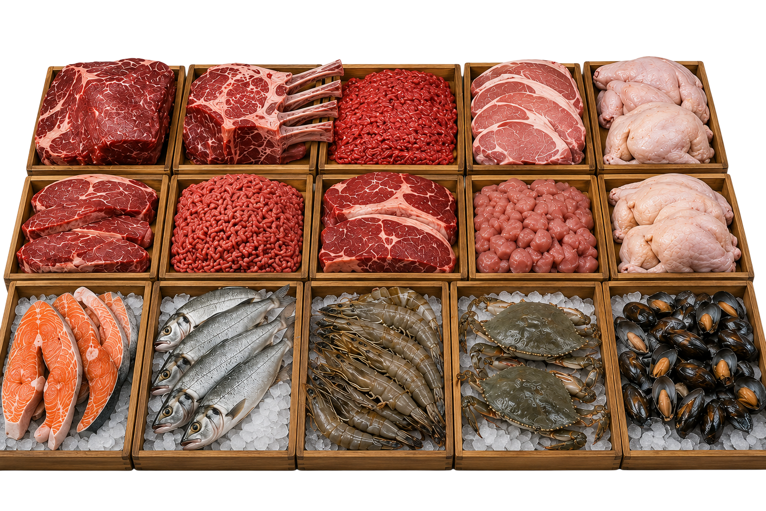 Frozen meat and seafood display